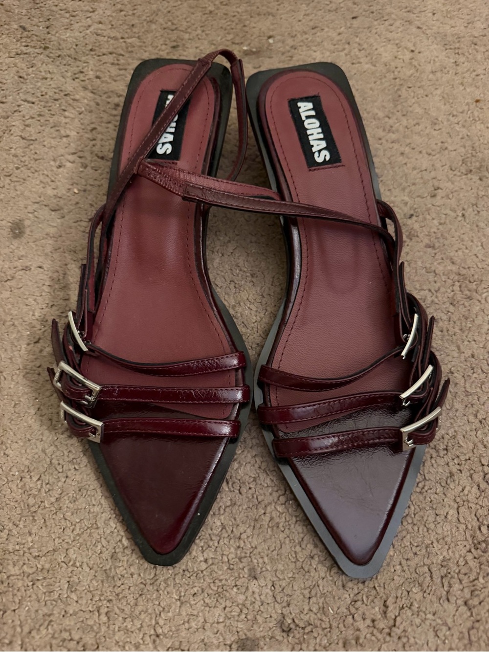 ALOHAS Burgundy Pointed-Toe Strappy Slingback Kitten Heels